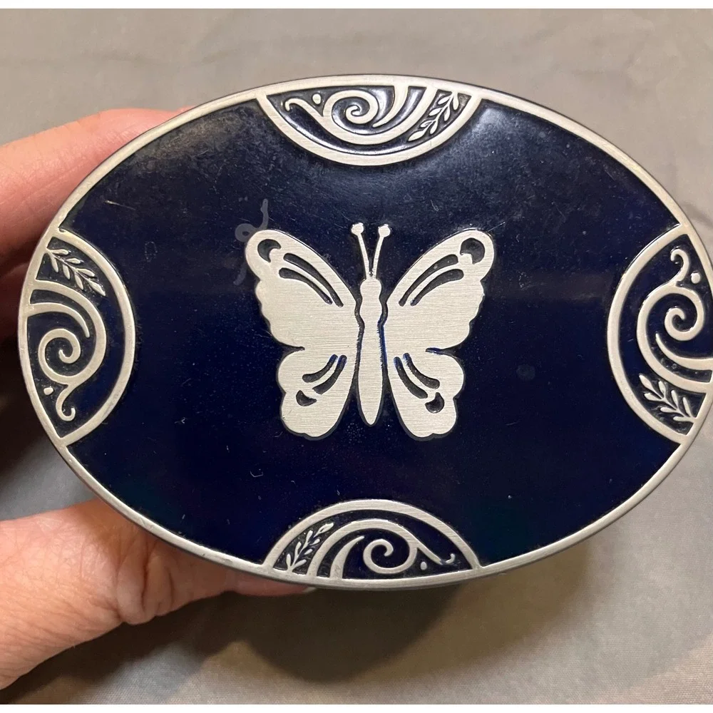 Vintage 20s Art Deco Vanity Face Powder Tin Butterfly Blue Silver Tone Inlay
